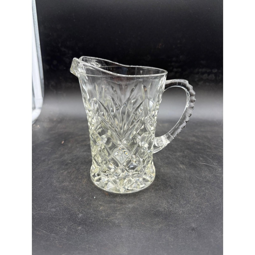 Vintage Clear Pressed Glass Pitcher Diamond‎ Point Fan Pattern Small Creamer 5in